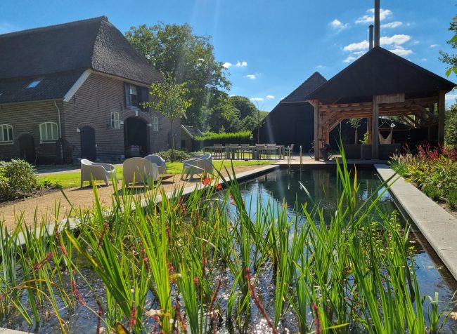 Zwemvijver met landelijke tuin bij woonboerderij in Hierden