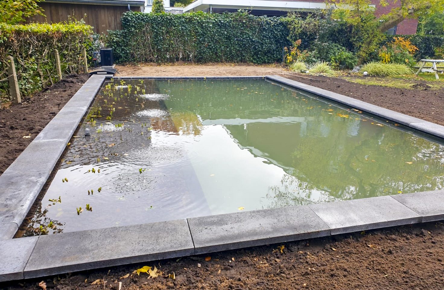 Sfeervolle tuin met zwemvijver, vlonder en overkapping