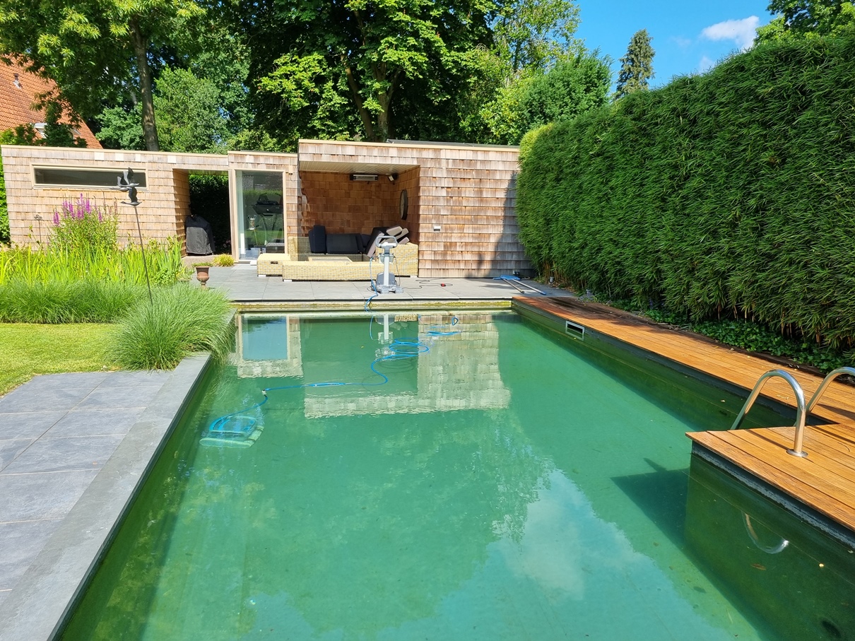 Moderne biopool met natuurlijke filtering en luxe uitstraling